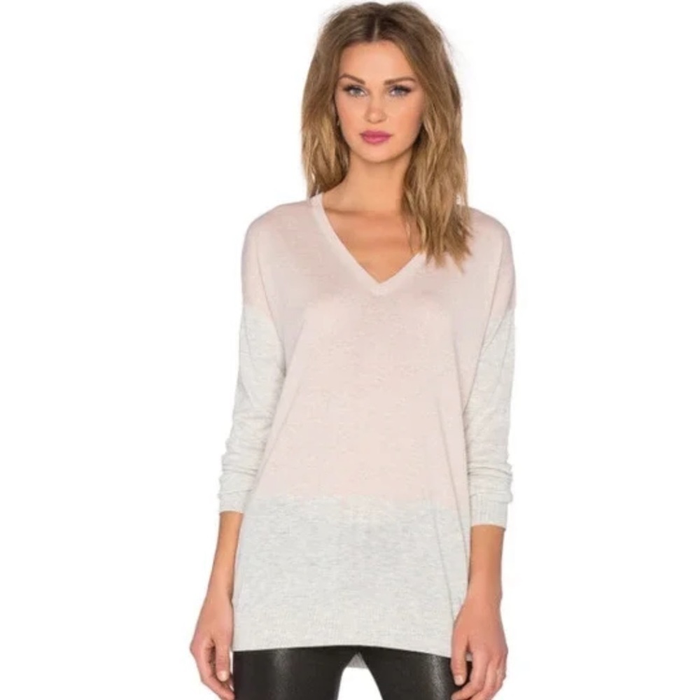 Vince Colorblock Easy Fit Merino Wool Blend V-Neck Sweater in Pink and Gray